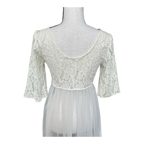 VTG 70s White Lace Sheer Robe Peignoir 3/4 Bell Sleeve Romantic Bridal Med - Picture 7 of 8